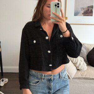 Black Tweed Cropped Blazer Jacket with Crystal Buttons – Zara